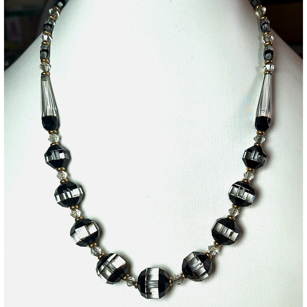 Vtg Simmons Gold Filled Spacers Art Deco Black Clear Crystal Glass Beads 16"